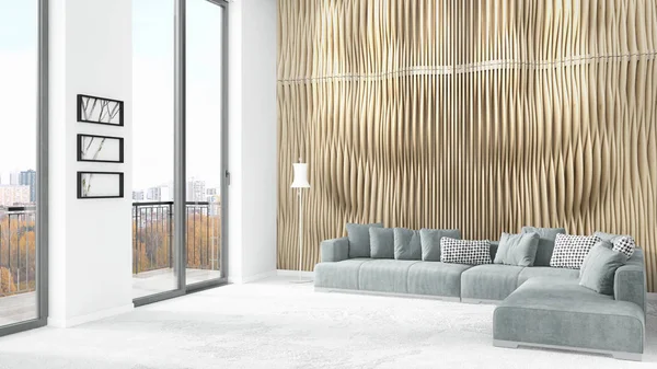 Yepyeni beyaz çatı katı yatak odası en az stil iç tasarım boşaltmak duvar ve görünümü penceresi dışında. 3D render.