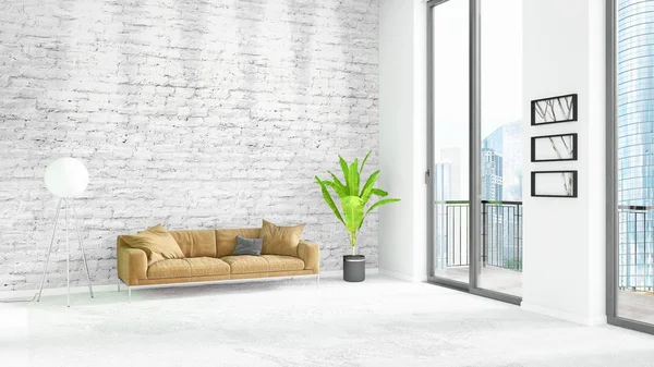Ολοκαίνουργιο λευκό loft υπνοδωμάτιο στυλ minimal εσωτερικό σχεδιασμό με θέα έξω από το παράθυρο και τοίχου copyspace. 3D rendering. — Φωτογραφία Αρχείου