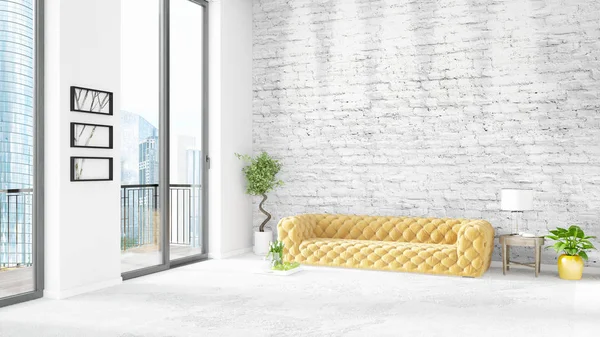 Yepyeni beyaz çatı katı yatak odası en az stil iç tasarım boşaltmak duvar ve görünümü penceresi dışında. 3D render.