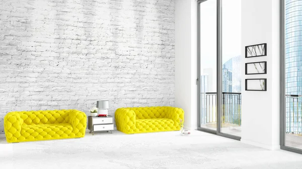 Yepyeni beyaz çatı katı yatak odası en az stil iç tasarım boşaltmak duvar ve görünümü penceresi dışında. 3D render.