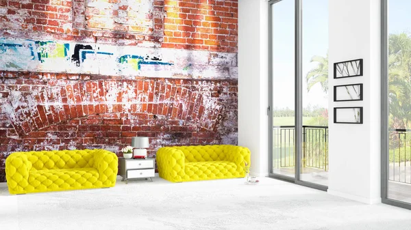 Yepyeni beyaz çatı katı yatak odası en az stil iç tasarım boşaltmak duvar ve görünümü penceresi dışında. 3D render.