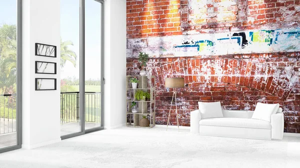 Yepyeni beyaz çatı katı yatak odası en az stil iç tasarım boşaltmak duvar ve görünümü penceresi dışında. 3D render.