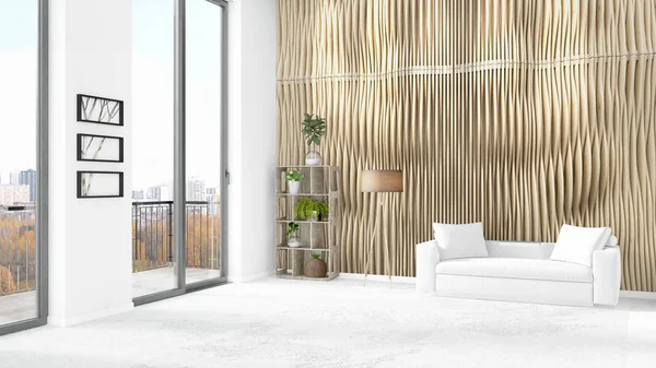 Yepyeni beyaz çatı katı yatak odası en az stil iç tasarım boşaltmak duvar ve görünümü penceresi dışında. 3D render.