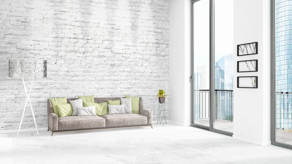 Yepyeni beyaz çatı katı yatak odası en az stil iç tasarım boşaltmak duvar ve görünümü penceresi dışında. 3D render.