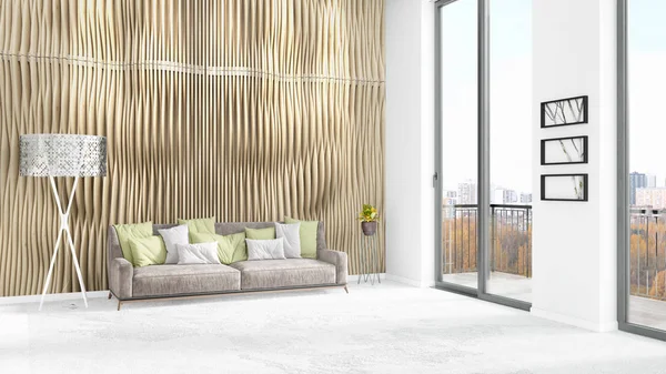 Yepyeni beyaz çatı katı yatak odası en az stil iç tasarım boşaltmak duvar ve görünümü penceresi dışında. 3D render.