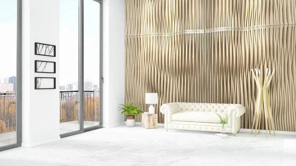 Yepyeni beyaz çatı katı yatak odası en az stil iç tasarım boşaltmak duvar ve görünümü penceresi dışında. 3D render.