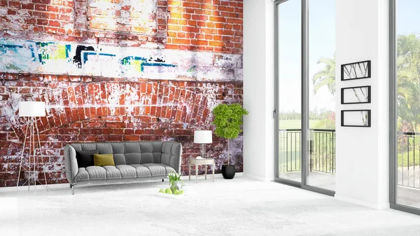 Yepyeni beyaz çatı katı yatak odası en az stil iç tasarım boşaltmak duvar ve görünümü penceresi dışında. 3D render.