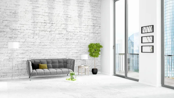 Yepyeni beyaz çatı katı yatak odası en az stil iç tasarım boşaltmak duvar ve görünümü penceresi dışında. 3D render.