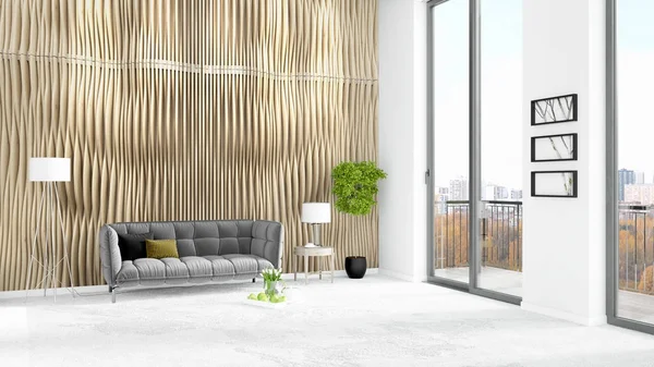 Yepyeni beyaz çatı katı yatak odası en az stil iç tasarım boşaltmak duvar ve görünümü penceresi dışında. 3D render.