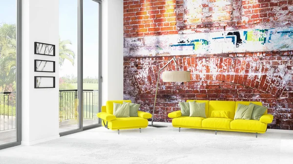 Yepyeni beyaz çatı katı yatak odası en az stil iç tasarım boşaltmak duvar ve görünümü penceresi dışında. 3D render.