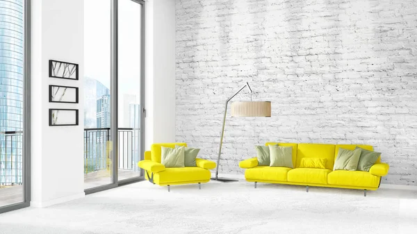 Yepyeni beyaz çatı katı yatak odası en az stil iç tasarım boşaltmak duvar ve görünümü penceresi dışında. 3D render.