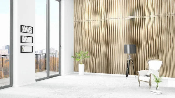 Yepyeni beyaz çatı katı yatak odası en az stil iç tasarım boşaltmak duvar ve görünümü penceresi dışında. 3D render.