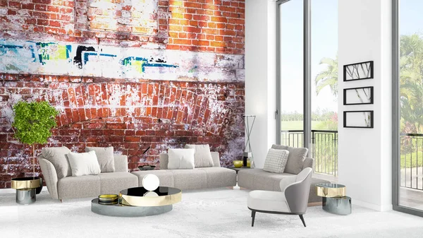 Yepyeni beyaz çatı katı yatak odası en az stil iç tasarım boşaltmak duvar ve görünümü penceresi dışında. 3D render.