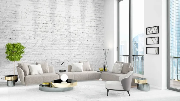 Helt ny vit loft sovrum minimal stil inredning med copyspace väggen och Visa ut fönstret. 3D-rendering. — Stockfoto