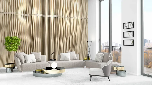 Yepyeni beyaz çatı katı yatak odası en az stil iç tasarım boşaltmak duvar ve görünümü penceresi dışında. 3D render.