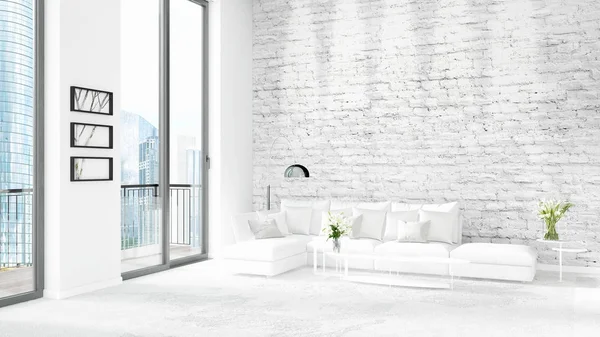 Yepyeni beyaz çatı katı yatak odası en az stil iç tasarım boşaltmak duvar ve görünümü penceresi dışında. 3D render.