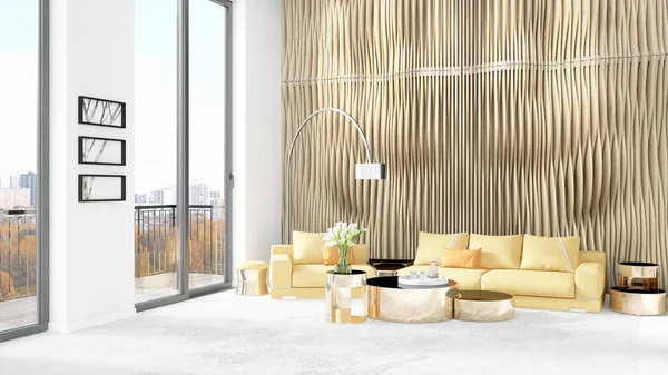 Yepyeni beyaz çatı katı yatak odası en az stil iç tasarım boşaltmak duvar ve görünümü penceresi dışında. 3D render.