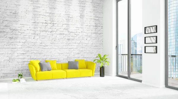 Yepyeni beyaz çatı katı yatak odası en az stil iç tasarım boşaltmak duvar ve görünümü penceresi dışında. 3D render.