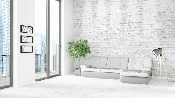 Yepyeni beyaz çatı katı yatak odası en az stil iç tasarım boşaltmak duvar ve görünümü penceresi dışında. 3D render.