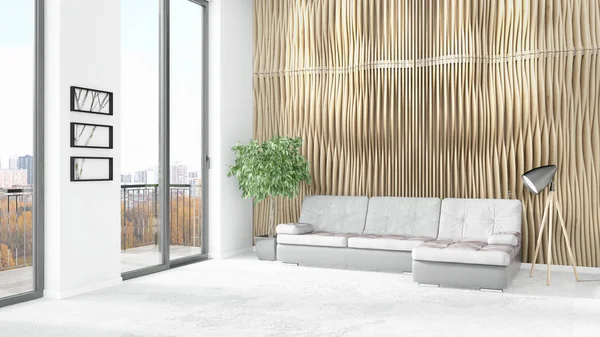 Yepyeni beyaz çatı katı yatak odası en az stil iç tasarım boşaltmak duvar ve görünümü penceresi dışında. 3D render.