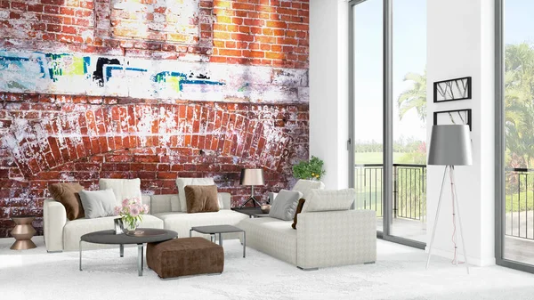 Yepyeni beyaz çatı katı yatak odası en az stil iç tasarım boşaltmak duvar ve görünümü penceresi dışında. 3D render.