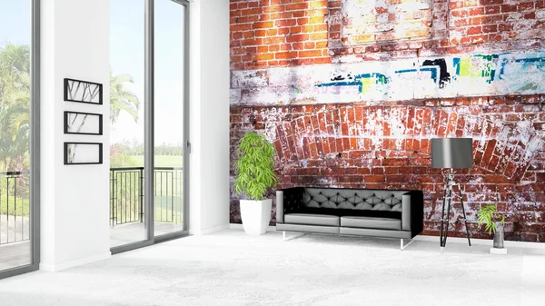 Yepyeni beyaz çatı katı yatak odası en az stil iç tasarım boşaltmak duvar ve görünümü penceresi dışında. 3D render.