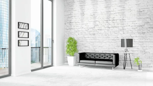 Yepyeni beyaz çatı katı yatak odası en az stil iç tasarım boşaltmak duvar ve görünümü penceresi dışında. 3D render.