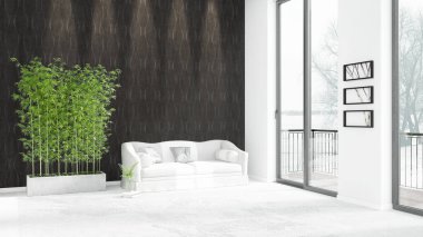 Yepyeni beyaz çatı katı yatak odası en az stil iç tasarım boşaltmak duvar ve görünümü penceresi dışında. 3D render.