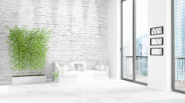 Yepyeni beyaz çatı katı yatak odası en az stil iç tasarım boşaltmak duvar ve görünümü penceresi dışında. 3D render.