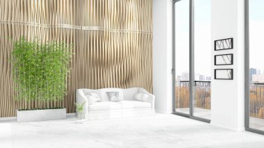 Yepyeni beyaz çatı katı yatak odası en az stil iç tasarım boşaltmak duvar ve görünümü penceresi dışında. 3D render.