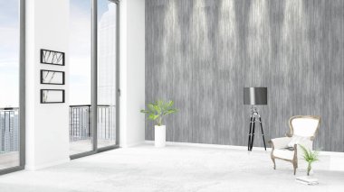 Yepyeni beyaz çatı katı yatak odası en az stil iç tasarım boşaltmak duvar ve görünümü penceresi dışında. 3D render.