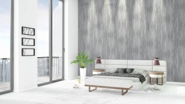 Yepyeni beyaz çatı katı yatak odası en az stil iç tasarım boşaltmak duvar ve görünümü penceresi dışında. 3D render.