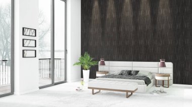 Yepyeni beyaz çatı katı yatak odası en az stil iç tasarım boşaltmak duvar ve görünümü penceresi dışında. 3D render.