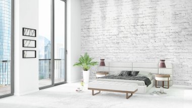 Yepyeni beyaz çatı katı yatak odası en az stil iç tasarım boşaltmak duvar ve görünümü penceresi dışında. 3D render.