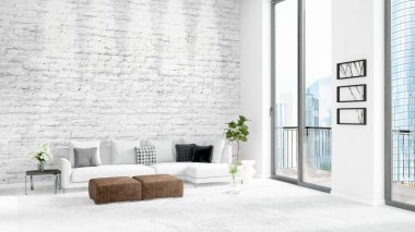 Yepyeni beyaz çatı katı yatak odası en az stil iç tasarım boşaltmak duvar ve görünümü penceresi dışında. 3D render.