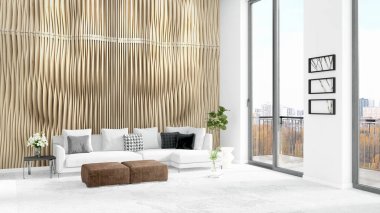 Yepyeni beyaz çatı katı yatak odası en az stil iç tasarım boşaltmak duvar ve görünümü penceresi dışında. 3D render.