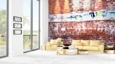 Yepyeni beyaz çatı katı yatak odası en az stil iç tasarım boşaltmak duvar ve görünümü penceresi dışında. 3D render.