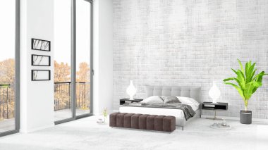 Yepyeni beyaz çatı katı yatak odası en az stil iç tasarım boşaltmak duvar ve görünümü penceresi dışında. 3D render.