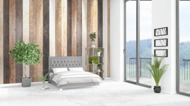 Yepyeni beyaz çatı katı yatak odası en az stil iç tasarım boşaltmak duvar ve görünümü penceresi dışında. 3D render.