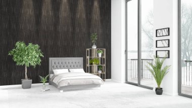 Yepyeni beyaz çatı katı yatak odası en az stil iç tasarım boşaltmak duvar ve görünümü penceresi dışında. 3D render.