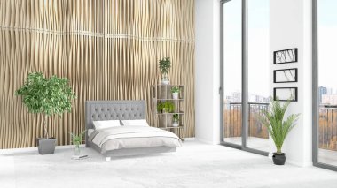 Yepyeni beyaz çatı katı yatak odası en az stil iç tasarım boşaltmak duvar ve görünümü penceresi dışında. 3D render.
