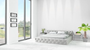 Yepyeni beyaz çatı katı yatak odası en az stil iç tasarım boşaltmak duvar ve görünümü penceresi dışında. 3D render.