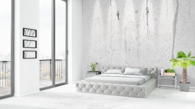 Yepyeni beyaz çatı katı yatak odası en az stil iç tasarım boşaltmak duvar ve görünümü penceresi dışında. 3D render.