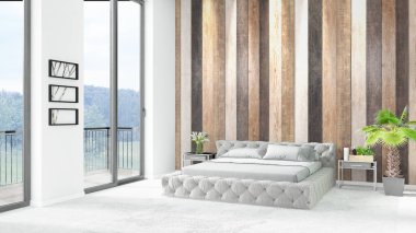 Yepyeni beyaz çatı katı yatak odası en az stil iç tasarım boşaltmak duvar ve görünümü penceresi dışında. 3D render.