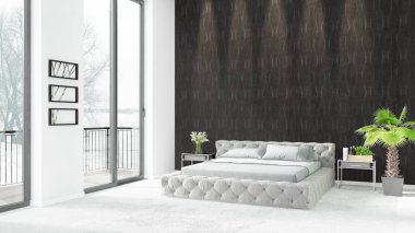 Yepyeni beyaz çatı katı yatak odası en az stil iç tasarım boşaltmak duvar ve görünümü penceresi dışında. 3D render.