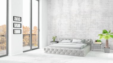 Yepyeni beyaz çatı katı yatak odası en az stil iç tasarım boşaltmak duvar ve görünümü penceresi dışında. 3D render.