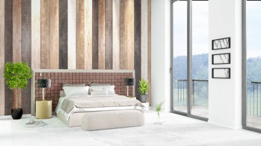 Yepyeni beyaz çatı katı yatak odası en az stil iç tasarım boşaltmak duvar ve görünümü penceresi dışında. 3D render.
