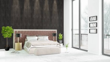 Yepyeni beyaz çatı katı yatak odası en az stil iç tasarım boşaltmak duvar ve görünümü penceresi dışında. 3D render.