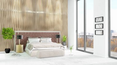 Yepyeni beyaz çatı katı yatak odası en az stil iç tasarım boşaltmak duvar ve görünümü penceresi dışında. 3D render.