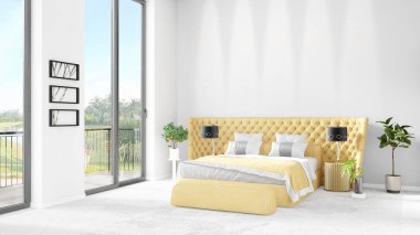 Yepyeni beyaz çatı katı yatak odası en az stil iç tasarım boşaltmak duvar ve görünümü penceresi dışında. 3D render.